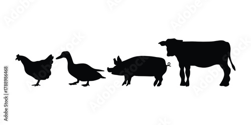 Farm Animal Silhouettes Vector Set. Livestock Silhouette Icons. Chicken, Duck, Pig, Cow
