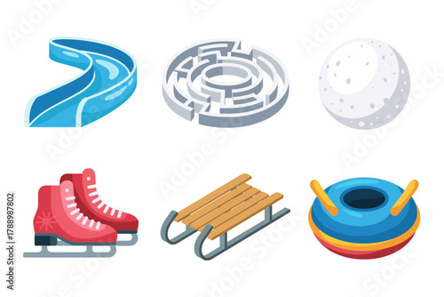 Colored outline vector icons for winter sports, showing ice skates, sled, snow tube, and snow maze symbols.