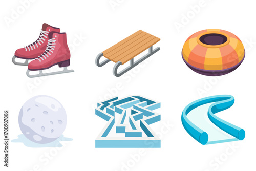 Outline vector icons for winter sports, illustrating ice skates, sled, snow tube, and snow maze symbols.