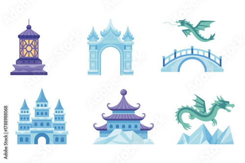 Flat vector icon set for fantasy architecture, illustrating castle, bridge, dragon, and oriental pagoda buildings.