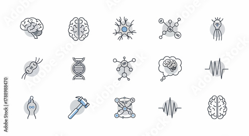 Collection of Science and Medical Icons Representing Brains DNA and Cells.