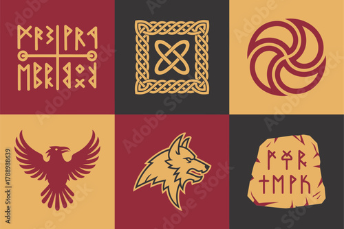 Outline vector icons for celtic and nordic mythology, illustrating runes, triskelion, eagle, and wolf symbols.