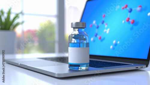 Hopeful medical research using ai technology for drug discovery. science vaccine vial on laptop shows molecule in lab setting concept of future healthcare innovation