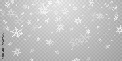 Stock vector illustration falling snow. Snowflakes, snowfall. Transparent background. Fall of snow.