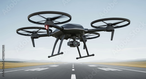 Black Drone Flying Over Runway in Open Sky.