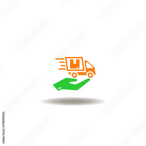 Vector illustration of hand give a fast driving truck with delivering box. Symbol of delivery goods service. Icon of SCM Supply Chain Management.