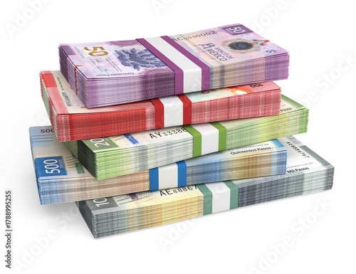 Stacks of Mexican peso banknotes