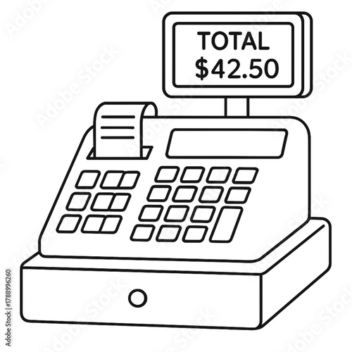 A simple line drawing of a vintage cash register with a receipt, keypad, and display showing a total amount due.