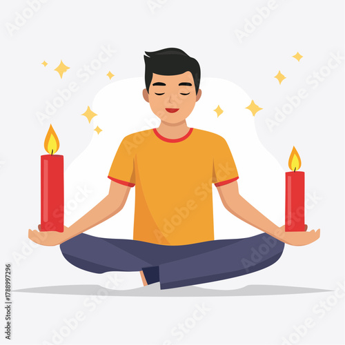 A person meditating in a lotus position, holding candles, with closed eyes, and a peaceful expression.