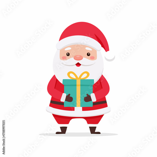 Cute cartoon Santa Claus character holding a wrapped gift box, perfect for Christmas and holiday season designs.