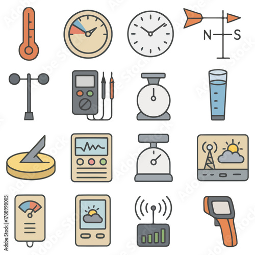 Diverse Weather Instruments Array: A compilation of essential weather measurement tools. Detailed and colorful illustrations featuring instruments for precise measurement of meteorological factors