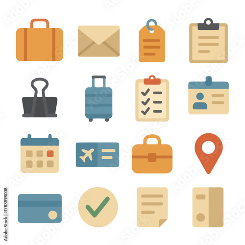 Travel and Work Icon Set: A collection of various icons related to travel, work and administrative tasks. The icons are designed in flat style to create a clean and modern design.