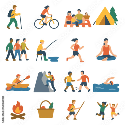 Leisure Icons: A collection of various icons depicting active and relaxing leisure activities, showcasing a range of recreational pursuits.