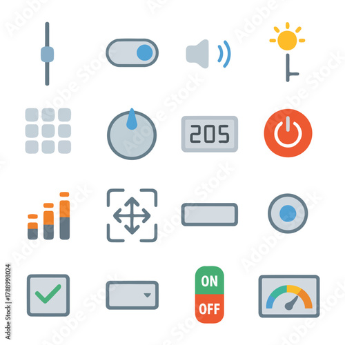 User Interface Elements: A collection of user interface icons featuring a power button, sound controls, and toggle switches, essential design elements for digital applications.