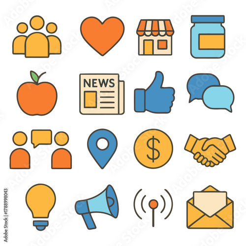 Modern Icon Set: A vibrant collection of modern icons, perfectly curated for use in diverse digital applications, encompassing core themes and everyday digital elements. 