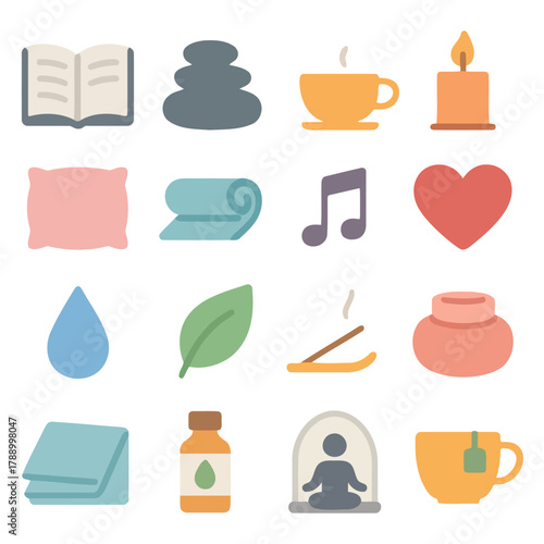 Serene Wellness Essentials: A collection of symbolic icons evokes the essence of tranquility, mindfulness, and holistic well-being, promoting a lifestyle centered on balance and inner peace.