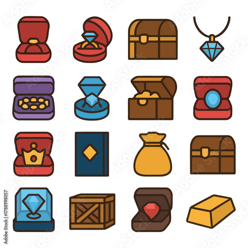 Treasures and Jewels: A vibrant collection of treasures and jewels, illustrated with a clean and modern style, depicting wealth and fortune.