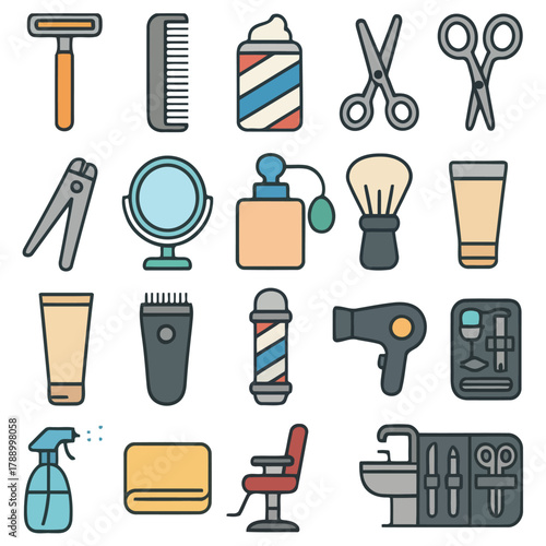 Barber Shop Essentials: An array of meticulously arranged tools and equipment, from scissors and razors to hair dryers and shaving cream.