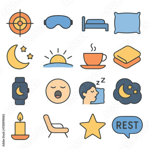 Sleep essentials Icon: A set of colorful icons representing the journey into serene rest, featuring elements associated with the pursuit of a tranquil night's sleep.