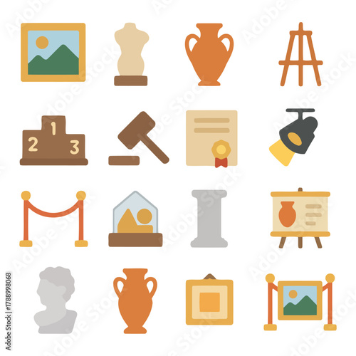 Artistic Treasures: A collection of meticulously crafted, colorfully illustrated icons representing various art-related objects. Including paintings, sculptures, vases, and more.