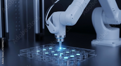 Advanced laboratory robot arm meticulously performing precise scientific experiments in a sterile, futuristic environment