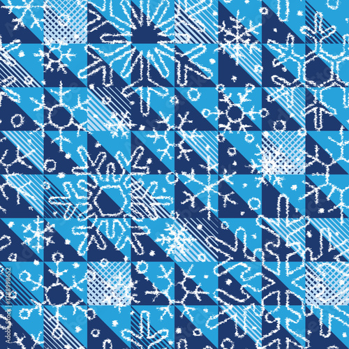 Seamless pattern, snowflakes and geometric ornament, winter sports texture, winter vector background