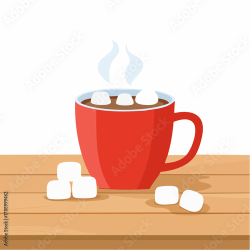Steaming Red Mug of Hot Chocolate topped with Marshmallows on a Wooden Surface