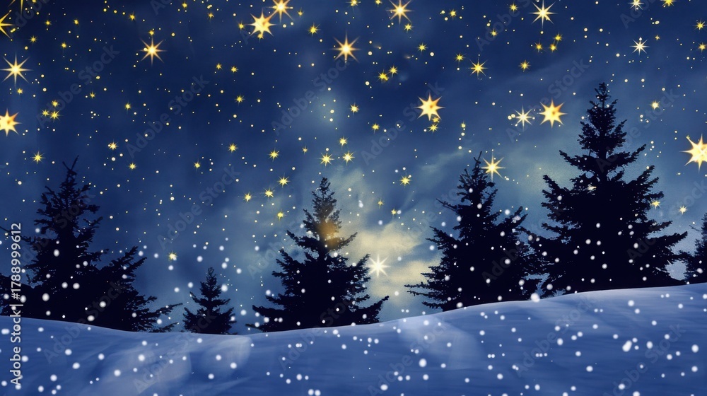 Fototapeta premium A Christmas scene with trees and stars in the sky