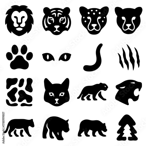 Big Cat Silhouette Collection: A visually striking collection of big cat silhouette icons, showcasing a diverse array of majestic felines in sleek, artistic forms. Capturing strength, grace.