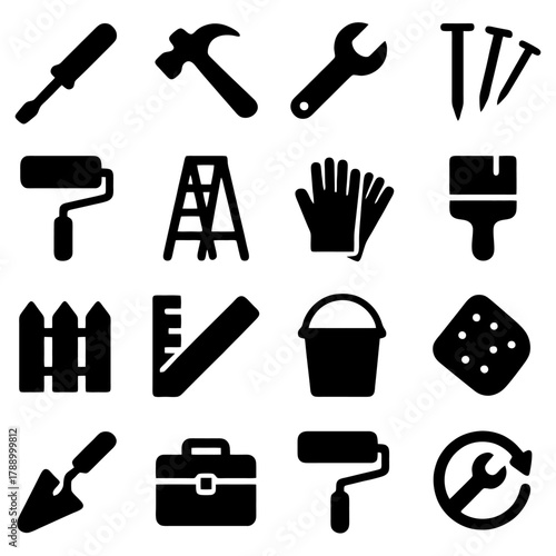 Construction Tool Icon Set: A collection of various construction tools, each a symbol of craftsmanship and building, arranged against an uncluttered backdrop for versatile use.