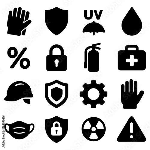Safety First: A visual compilation of safety icons, each meticulously designed to represent various aspects of protection and precaution.