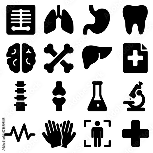 Anatomy Icons: A collection of meticulously crafted, simplified icons, representing various vital anatomical structures, medical instruments, and associated symbols.