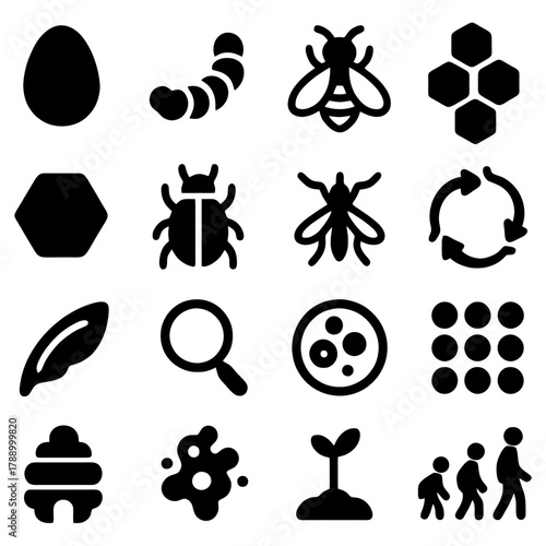Insect Life Cycle Icon Set: A collection of concise icons illustrating the various stages of insect development, from eggs to adult forms, including their environment. 