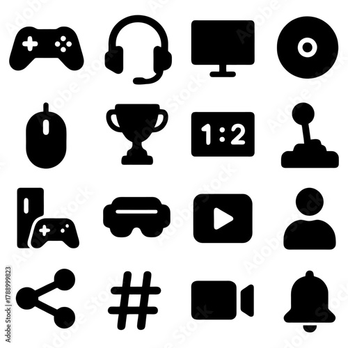 Gaming Icons Collection: A comprehensive set of sleek gaming icons, perfect for representing various aspects of the gaming world. from controllers and headsets to trophies and screens