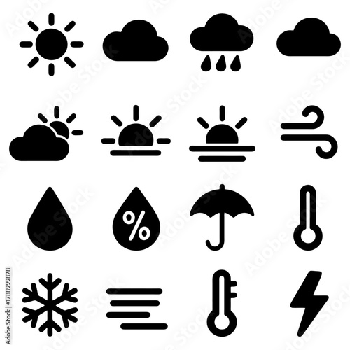 Weather Icons: A collection of simple, black and white icons representing various weather conditions, perfect for illustrating forecasts and atmospheric states.