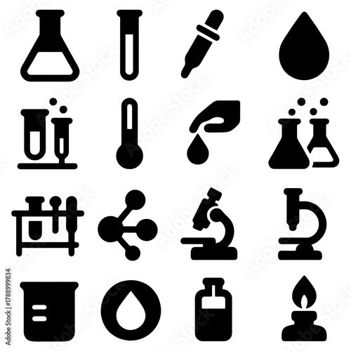 Essential Laboratory Elements: A collection of laboratory icons, showcasing a range of scientific instruments used in experimental work. Perfect for illustrating concepts related to research, testing.