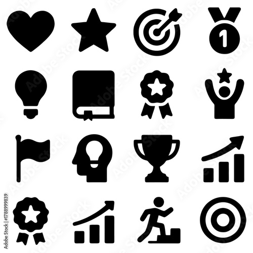 Success Icons: A collection of achievement icons, symbolizing various facets of success in a clean and modern design. Ideal for illustrating goals, accomplishments, and motivation.