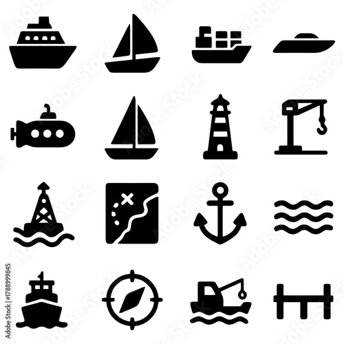 Nautical Icons: A collection of maritime symbols and nautical icons. Representing transportation and navigational tools for marine settings.