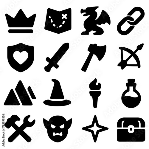 Dungeon Icon Set: A collection of meticulously crafted icons, each a symbol of the exciting world of fantasy, representing elements of adventure, magic, and exploration.