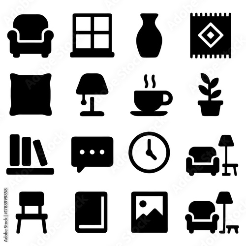 Interior Design Icons: A collection of various home design icons in a simple, flat design style. Perfect for illustrating interior design concepts and the elements that make up the interior.
