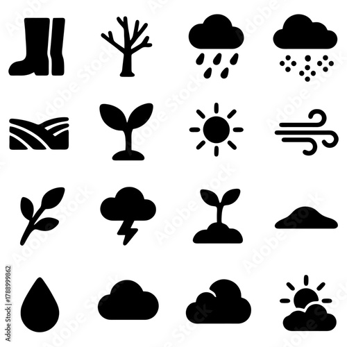 Weather and Nature Icons: An array of minimalist icons presents the diverse aspects of weather and nature, from rainfall and sunshine to growing plants, and barren tree.