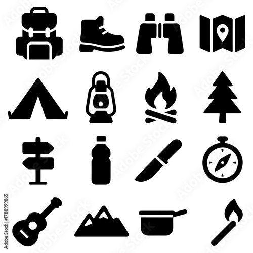 Essential Camping Gear: An illustrated arrangement of essential camping items, showcasing equipment for outdoor adventures and wilderness exploration, set against a pristine backdrop. 
