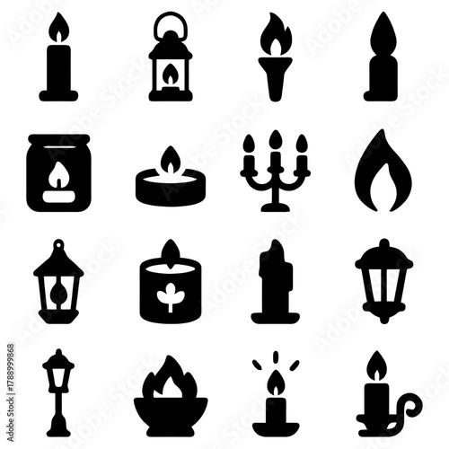 Illuminating Icons: A collection of various candle icons, encompassing diverse styles of light and illumination, perfect for design and ambiance.