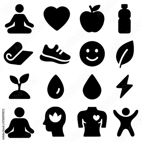 Health and Wellness Icon Set: a collection of health-related icons symbolizing wellness, fitness, and healthy living, perfect for wellness campaigns and initiatives. 