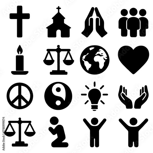 Iconic Symbols of Belief and Community: A collection of diverse symbols, representing faith, spirituality, and unity across various cultures, religions, and philosophical perspectives.