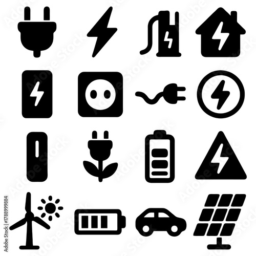Iconic Energy: A diverse set of minimalist icons showcases various representations of electricity and energy, ranging from charging stations and outlets to the sun, wind, and batteries.