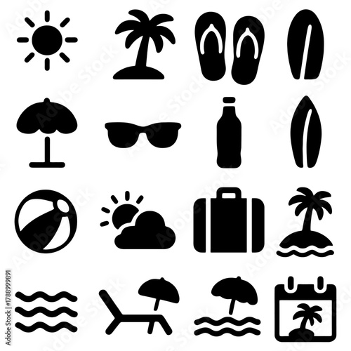 Summer Essentials: A vibrant collection of icons representing summer, sun, fun and beach activities, capturing the spirit of sun-kissed vacations and outdoor enjoyment.