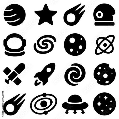 Celestial Symphony: An artistic assembly of cosmic icons, each a testament to the mysteries of space, orbiting around the unseen realms and unfathomed universes.