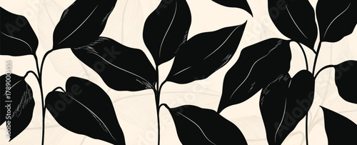 An abstract art background with a black silhouette of leaves on a branch in a modern style. A botanical leaf banner for decor, prints, wallpaper, covers, and packaging.
