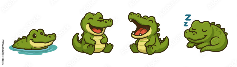 Fototapeta premium Cute crocodile cartoon icons, jungle reptiles